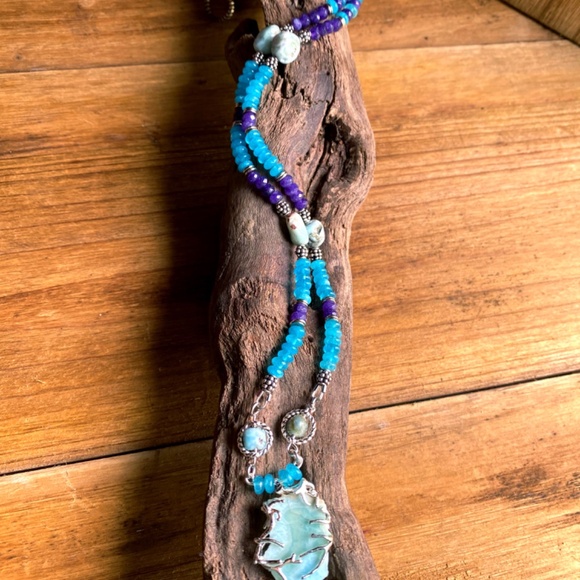 Genuine Larimar with Chalcedony Gemstone Necklace - Picture 9 of 10